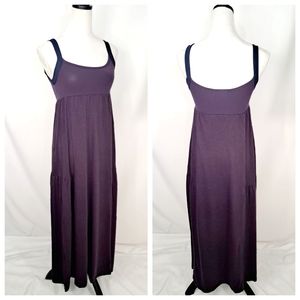 Theory Purple Navy Trim Sleeveless  Pleated Tiered Empire Waist Maxi Dress